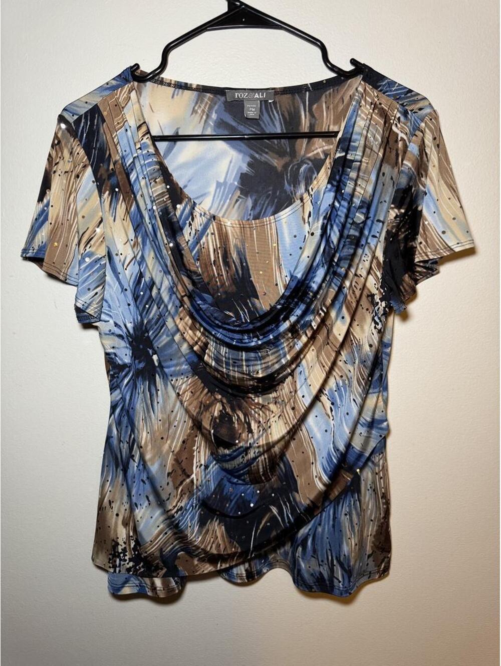 Roz & Ali Blue Brown Sparkle Cowl Neck Blouse Size Petite Medium PTP 20 GC
